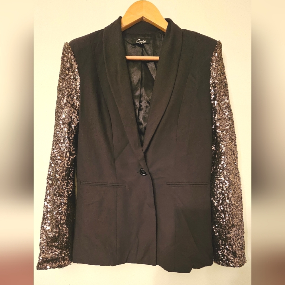 Cecico Black Sequin Sleeve Women's Blazer - Picture 3 of 4